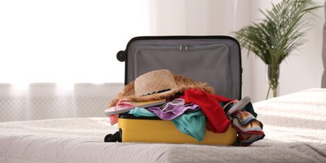 Woher kommen Bettwanzen: Koffer auf einem Bett, in dem sich leicht Bettwanzen verstecken können.